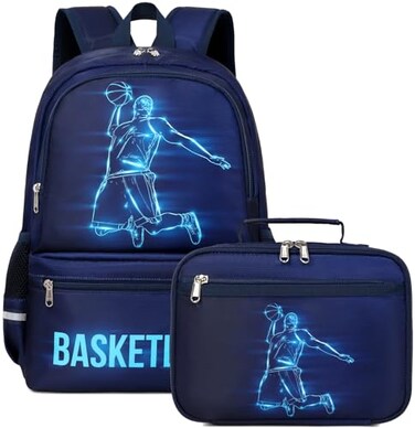 JIANYA Kids Backpack for School Boys Basketball Themed Backpack with Lunch Box Elementary Kids School Bag Travel Back Pack for Boy Blue