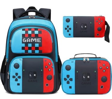 JIANYA Kids Backpack for School Boys Gamer School Bag for Elementary Kids Children 3pcs Boys Backpack with Lunch Box Pencil Case