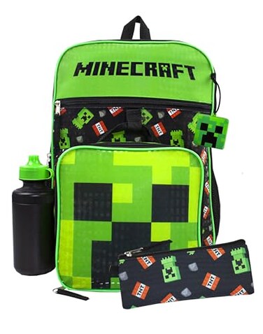 Minecraft Creeper Backpack Set Boys TNT 5 Piece Gamer Rucksack Pencil Case Bottle Lunchbag Included Unleash Adventure Black Schoolbag Set