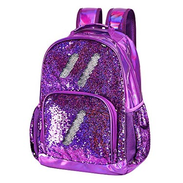 Fermido Sequin School Backpack for Girls Kids Cute Elementary Book Bag Teen Glitter Flip Sparkly Holographic Purple Back Pack