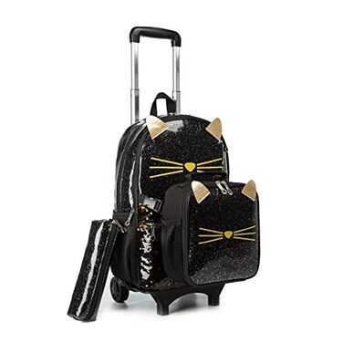 Meetbelify Girls Cute Cat Rolling Backpack with Wheels Kids Luggage for Elementary Kindergarten Suitcase Trip Laptop Roller Backpack for Girls