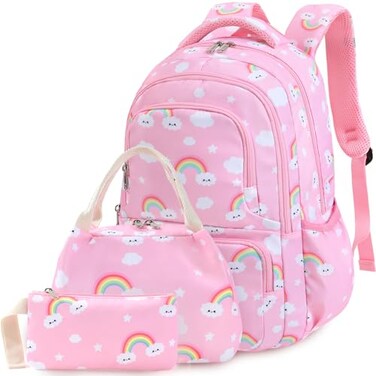 Unineovo School Backpack Set for GirlsPink Rainbow Large Capacity Schoolbag with Lunch Box Pen Case 3 PcsKindergarten Elementary Book Bag for Teens and Primary Students