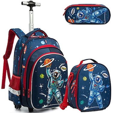 Egchescebo School Bags Kids Rolling Astronaut Backpack With Wheels Trolley Wheeled Backpacks for Travel Bags 3PCS Cat Backpack With Lunch Box Blue