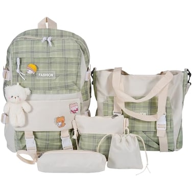Mordelar 5Pcs Canvas School Backpack Combo Set with Kawaii Bear Pendant Cute Pins Plaid Check Handle Shoulder Tote Bag Schoolbag Green