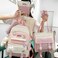 TABANA 5Pcs Kawaii Anime Canvas School Backpack Combo Set with Pins Cute Bear Pendant Aesthetic Daypack Laptop School Essential Kit Pink