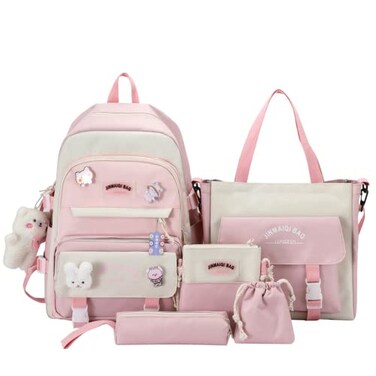 TABANA 5Pcs Kawaii Anime Canvas School Backpack Combo Set with Pins Cute Bear Pendant Aesthetic Daypack Laptop School Essential Kit Pink