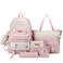 TABANA 5Pcs Kawaii Anime Canvas School Backpack Combo Set with Pins Cute Bear Pendant Aesthetic Daypack Laptop School Essential Kit Pink