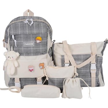 Mordelar 5Pcs Canvas School Backpack Combo Set with Kawaii Bear Pendant Cute Pins Plaid Check Handle Shoulder Tote Bag Schoolbag Gray