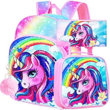 FTJCF 3PCS Unicorn Backpack 16 Girls Rainbow Sequins Kids Bookbag with Lunch Box School Bags for Elementary Preschool Kindergarten Pink