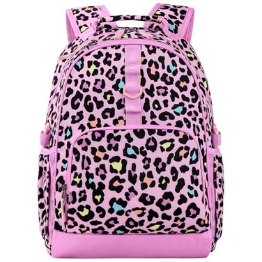 Choco Mocha Kids Backpack for Girls Cheetah Backpack Kids Elementary School Backpack for Girls Ages 68 Kid Bookbag 17 Inch with Chest Strap Pink