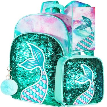 gxtvo 3PCS Mermaid Backpack for Girls 16 Sequin Preschool Elementary Bookbag and Lunch Box