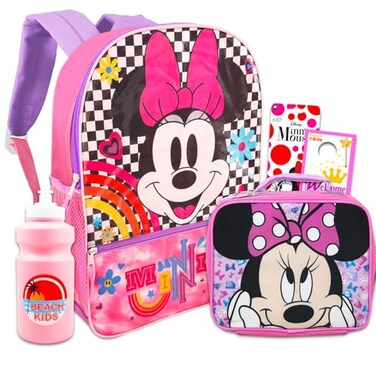 MINNIE Disney Minnie Mouse Backpack and Lunch Box Set 16 Bag with Zipper Pockets Lunch Bag Stickers More School Supplies Minnie Backpack Set