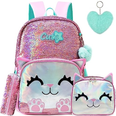 Meetbelify Cute Backpack for Girls Pink Cat School Backpacks Kids Sequin Bookbag for Elementary Kindergarten Students with Lunch Box Pencil Case for Girls 512 Years Old