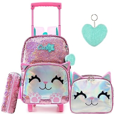 Meetbelify Cute Cat Rolling Backpack for Girls Pink 17X118X67 with Laptop Sleeve Lunch Box Pencil Case and Pendant