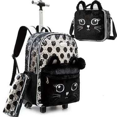 Meetbelify Kids Rolling Backpack for Girls Cute Sequin Cat Backpacks with Wheels for Elementary Students with Lunch Box for Girls