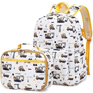 AUIVTY Excavator Backpak for Boys Preschool Backpack Lunch Box Set Toddler Boy Tractor Bookbag Small Chest Strap Children Preschool Kindergarten Backpack White Excavator