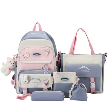 TABANA 5Pcs Kawaii Anime Canvas School Backpack Combo Set with Pins Cute Bear Pendant Aesthetic Daypack Laptop School Essential Kit Blue