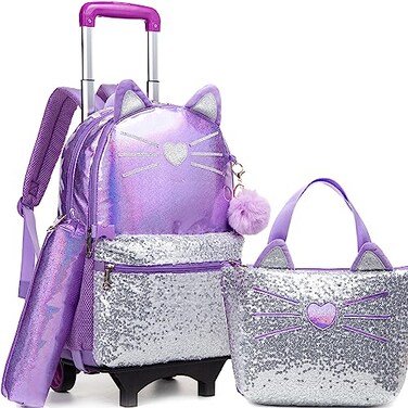 Meetbelify Cute Cat Rolling Backpack for Girls Backpacks with Wheels for Elementary Kindergarten Purple Roller Backpack on Wheels with Lunch Box Set for Girls 68