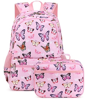 JIANYA Girls Backpack for School Elementary Kids Bookbag School Bag with Lunch Box Butterfly Pink