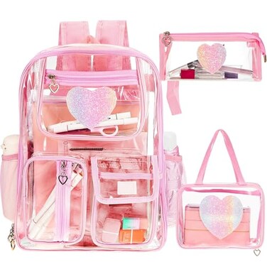 Silkfly 3 Pcs Clear Backpack for Girls Clear Heavy Duty Bookbag with Lunch Bag Pencil Case See Through Stadium ApprovedPale PinkHeart