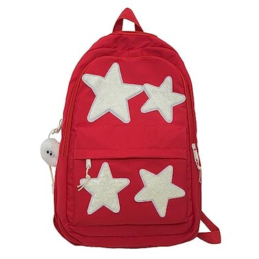 LOTUSTAR Y2K Backpack with Cute Accessories Emo Girl Boy Stars Preppy School Bag with Plush Pendenat Grunge 1012 Daypack Red