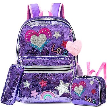 Meetbelify Backpack for Girls School Backpacks Kids Cute Sequin Bookbag for Elementary Kindergarten with Lunch Box Pencil Case for Girls 512 Years Old