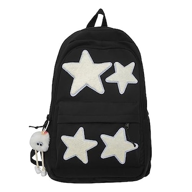LOTUSTAR Y2K Backpack with Cute Accessories Emo Girl Boy Stars Preppy School Bag with Plush Pendenat Grunge 1012 Daypack Black