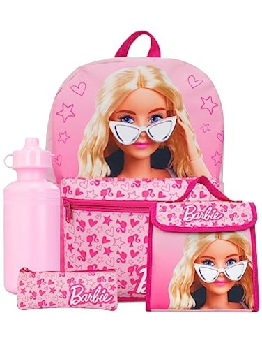Barbie Backpack 4 Piece Set Girls School Bag Set Girls Backpack Lunch Bag Water Bottle and Pencil Case One Size Pink