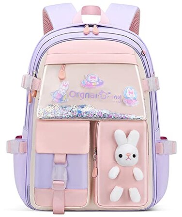 MCWTH School Backpack for Girls Lightweight Waterproof Cute Bunny School Bookbag for Teen Kids Students Elementary Rabbit Purple Large