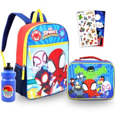 Marvel Spidey and His Amazing Friends Backpack Set 5 Pc Spiderman School Supplies Bundle with 16 Backpack for Kids Spidey Lunch Bag Water Bottle Stickers and More Spiderman Bag Pack