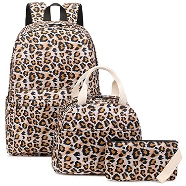 Kouxunt Leopard Girls School Backpacks for Kids Teens 3in1 School Bag Bookbags Set with Lunch Bag Pencil Case