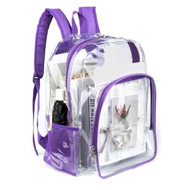 Fomaris Clear Backpack Heavy Duty 16x12x6 in Large Transparent Backpacks for School College Work See Through PVC Plastic Bookbag for Girls Purple