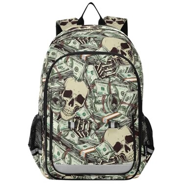 senya Backpack for Boys Girls Vintage Money Skull Skeleton Backpack Students Bookbag Daypack for School Primary Teens