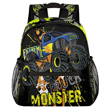 cfpolar Yellow Monster Trucks Car Kids Backpacks for Boys Cute Toddler Backpack Preschool Kindergarten Elementary School Backpack Lightweight Mini Shoulder Bookbag Casual Daypack with Chest Strap