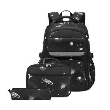 Mildame Galaxy Backpack for Boys with Lunch Box Set 3Pcs Boys Bookbag for Elementary 3 in 1 Teens Space Printed School Bag