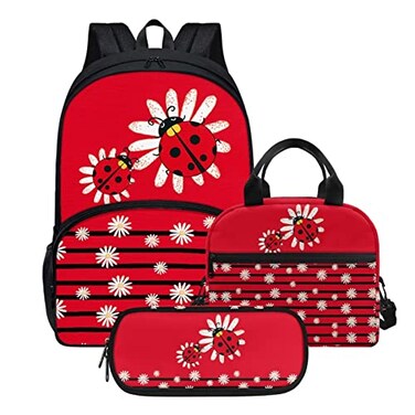 Agoviwo Ladybug Design School Backpack Set for Girls 1012 Years Old Book Bag Lunch Bag and Pencil Case