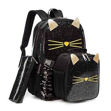 Meetbelify Cute Cat Backpack for Girls Sequin Backpack Set Kids School Bag with Lunch Box for Elementary Student Black