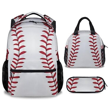 COOPASIA Baseball Backpack with Lunch Box Set for Boys 3 in 1 School Backpacks Matching Combo Sports White Bookbag and Pencil Case Bundle