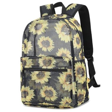 Kouxunt Sunflower Mesh Backpack for Girls Women See Through Casual School College Student Bookbag