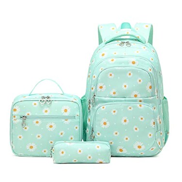 YJMKOI 3Pcs Daisy Prints Backpack for Girls MiddleSchool Elementary Students Bookbag Set with Lunch Box Green