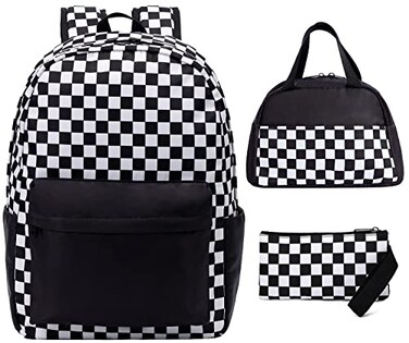 UREYMX 3Pcs Checkered Backpack Sets with Lunch Box and Pencil Case School Backpack Boys Girls Backpacks for Kids Large Capacity Waterproof Lightweight Backpack Black