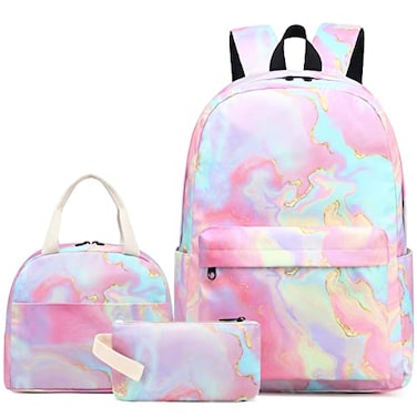Fuyicat Marble School Backpack Set for Girls 3in1 Kids Teens Elementary Middle School Bags Bookbag with Lunch Bag Pencil Case Pink