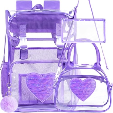 ZLYERT 17 Sequin Clear Backpack for Girls 3Pcs Sparkle Flip Design Stadium Approved Set Waterproof CampusSchool Transparent Bookbag Purple