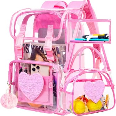 ZLYERT 17 Sequin Clear Backpack for Girls 3Pcs Sparkle Flip Design Stadium Approved Set GymConcert Transparent Bookbag Pink