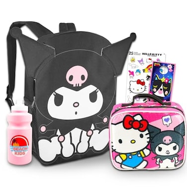 Hello Kitty Kuromi Backpack and Lunch Box Set for Girls Bundle with 16 Kuromi Backpack Lunch Bag Water Bottle Stickers More and Friends Backpack Set