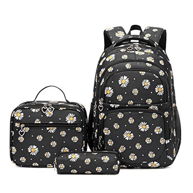 YJMKOI 3Pcs Daisy Prints Backpack for Girls MiddleSchool Elementary Students Bookbag Set with Lunch Box Black