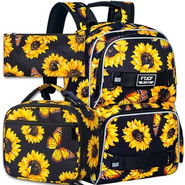 ZLYERT 3Pcs Girls Backpack 17 Inch Sunflower School Bookbag with Lunch Box Durable Floral Laptop Backpack Set for Teens CollegeYellow