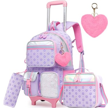 Meetbelify Girls Rolling Backpack with Wheels Cute Kawaii Carry On Backpack for Elementary Students Purple
