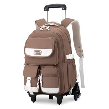 LANSHIYA Solid Color Rolling Backpack for Girls Boys Cute Elementary school bag with wheelsBrown Trolley Bags for Travel