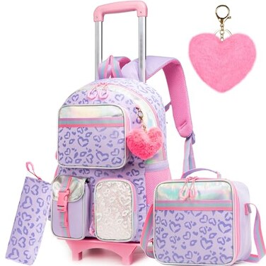 Meetbelify Girls Rolling Backpack with Wheels Cute Kawaii Carry On Backpack for Elementary Students Purple with Lunch Box